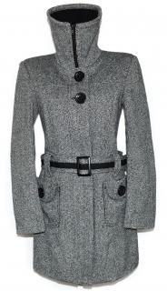 Vlněný dámský šedočerný zimní kabát s páskem a límcem ORSAY 34, 40