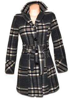 Vlněný dámský šedý kostkovaný kabát s páskem M