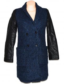 Vlněný dámský zimní modrý kabát s koženkovými rukávy Reserved 34