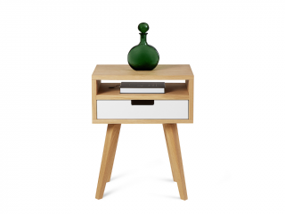 Dřevěný noční stolek ve scandi stylu HYLLE bílý Kvalita dřeva: 1. Dubový masiv třídy A