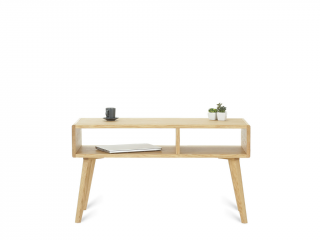 Zaoblený konferenční stolek VIDE FLO s asymetrickými policemi Kvalita dřeva: 2. Kombinace dubového masivu a dýhované DTD desky