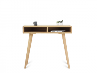 Zaoblený minimalistický dubový psací stůl LEA FLO 90 cm s policemi Kvalita dřeva: 2. Kombinace dubového masivu a dýhované DTD desky