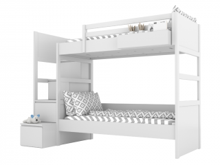 Bílá dětská patrová postel SIMONE s úložnými schody a policí 90x200 cm Zvolte stranu: Vlevo