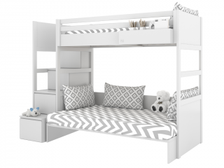 Bílá patrová postel se dvěma lůžky SIMONE s úložnými schody a policí 90x200 cm, 120x200 cm Zvolte stranu: Vlevo