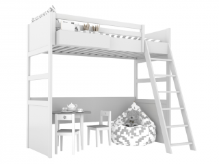 Bílá vyvýšená postel SIMONE se žebříkem a policí 90x200 cm