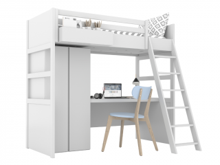 Bílá vyvýšená postel SIMONE se žebříkem, skříní, psacím stolem a policí 90x200 cm