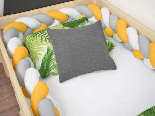 Bílo-šedo-hořčicový bavlněný mantinel do postele pletený do copu 200 cm (2 metry)