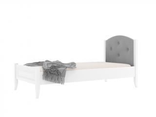 Dětská dřevěná jednolůžková postel ALEX s čalouněným čelem 90x200 cm Zvolte barvu: Bílá, Zvolte barvu čalounění: Stříbrná