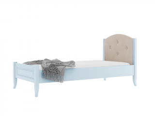 Dětská dřevěná jednolůžková postel ALEX s čalouněným čelem 90x200 cm Zvolte barvu: Modrá, Zvolte barvu čalounění: Latte