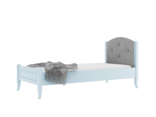 Dětská dřevěná jednolůžková postel ALEX s čalouněným čelem 90x200 cm Zvolte barvu: Modrá, Zvolte barvu čalounění: Stříbrná