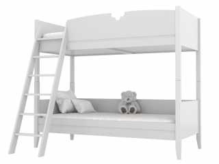 Dětská dřevěná patrová postel BIBI 90x200 cm se žebříkem a půlkvětinovým výřezem Zvolte barvu: Bílá, Zvolte stranu: Vlevo