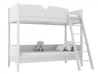 Dětská dřevěná patrová postel BIBI 90x200 cm se žebříkem a půlkvětinovým výřezem Zvolte barvu: Bílá, Zvolte stranu: Vpravo
