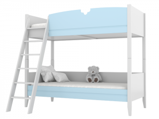 Dětská dřevěná patrová postel BIBI 90x200 cm se žebříkem a půlkvětinovým výřezem Zvolte barvu: Modrá, Zvolte stranu: Vlevo