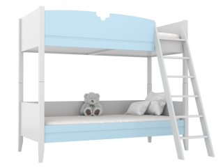 Dětská dřevěná patrová postel BIBI 90x200 cm se žebříkem a půlkvětinovým výřezem Zvolte barvu: Modrá, Zvolte stranu: Vpravo