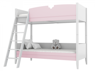 Dětská dřevěná patrová postel BIBI 90x200 cm se žebříkem a půlkvětinovým výřezem Zvolte barvu: Růžová, Zvolte stranu: Vlevo