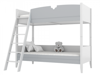 Dětská dřevěná patrová postel BIBI 90x200 cm se žebříkem a půlkvětinovým výřezem Zvolte barvu: Šedá, Zvolte stranu: Vlevo