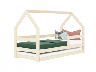 Dětská dřevěná postel domeček SAFE 3v1 se zábranou a přistýlkou Zvolte barvu: Béžová, Zvolte rozměr: 90x160 cm, Zvolte zábranu: S jednou zábranou