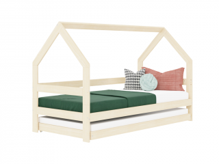 Dětská dřevěná postel domeček SAFE 3v1 se zábranou a přistýlkou Zvolte barvu: Béžová, Zvolte rozměr: 90x160 cm, Zvolte zábranu: S otevřeným vstupem