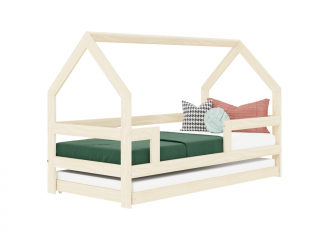 Dětská dřevěná postel domeček SAFE 3v1 se zábranou a přistýlkou Zvolte barvu: Béžová, Zvolte rozměr: 90x160 cm, Zvolte zábranu: Se dvěma zábranami