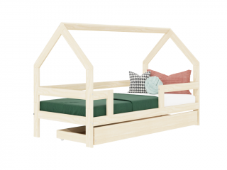 Dětská dřevěná postel domeček SAFE 3v1 se zábranou a úložným šuplíkem Zvolte barvu: Bílá, Zvolte rozměr: 90x180 cm, Zvolte zábranu: Se dvěma zábranami