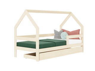 Dětská dřevěná postel domeček SAFE 3v1 se zábranou a úložným šuplíkem Zvolte barvu: Nelakovaná, Zvolte rozměr: 90x200 cm, Zvolte zábranu: S jednou…