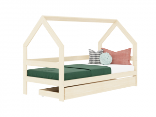 Dětská dřevěná postel domeček SAFE 3v1 se zábranou a úložným šuplíkem Zvolte barvu: Transparentní vosková lazura matná, Zvolte rozměr: 90x180 cm,…