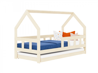 Dětská postel domeček FENCE 2v1 ze dřeva se zábranou a přistýlkou Zvolte barvu: Béžová, Zvolte rozměr: 90x160 cm, Zvolte zábranu: S jednou zábranou