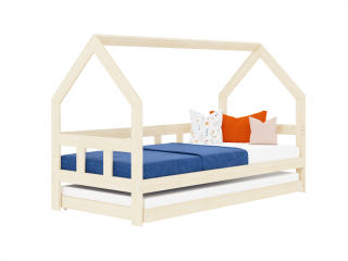 Dětská postel domeček FENCE 2v1 ze dřeva se zábranou a přistýlkou Zvolte barvu: Béžová, Zvolte rozměr: 90x160 cm, Zvolte zábranu: S otevřeným vstupem