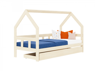 Dětská postel domeček FENCE 2v1 ze dřeva se zábranou a úložným šuplíkem Zvolte barvu: Transparentní vosková lazura matná, Zvolte rozměr: 90x180 cm,…