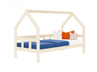 Dětská postel domeček FENCE 2v1 ze dřeva se zábranou Zvolte barvu: Béžová, Zvolte rozměr: 90x160 cm, Zvolte zábranu: S otevřeným vstupem
