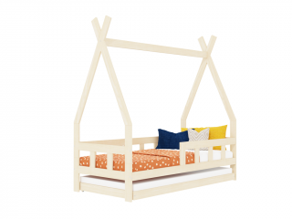 Dětská teepee postel FENCE 4v1 ze dřeva se zábranou a přistýlkou Zvolte barvu: Béžová, Zvolte rozměr: 90x160 cm, Zvolte zábranu: S jednou zábranou