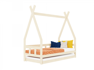 Dětská teepee postel FENCE 4v1 ze dřeva se zábranou a přistýlkou Zvolte barvu: Béžová, Zvolte rozměr: 90x160 cm, Zvolte zábranu: S otevřeným vstupem