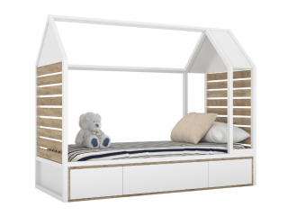 Dětské dřevěné jednolůžko domeček s úložným prostorem TUTU 90x200 cm Zvolte barvu: Bílá, dub sonoma