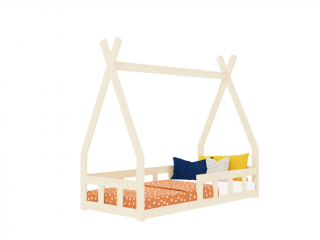 Domečková nízká postel FENCE 6v1 ve tvaru teepee se zábranou Zvolte barvu: Béžová, Zvolte rozměr: 90x180 cm, Zvolte zábranu: S jednou zábranou