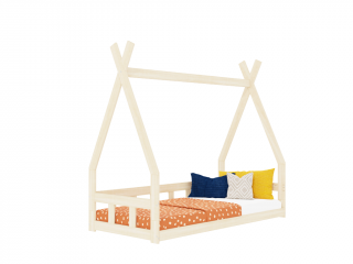 Domečková nízká postel FENCE 6v1 ve tvaru teepee se zábranou Zvolte barvu: Transparentní vosková lazura matná, Zvolte rozměr: 90x160 cm, Zvolte…