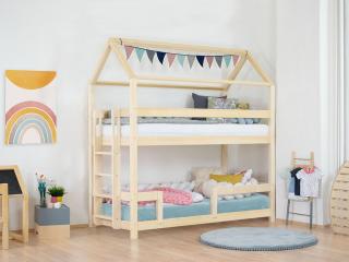 Domečková patrová postel MONTY pro dvě děti Zvolte barvu: Transparentní vosková lazura matná, Zvolte výšku: 222 cm, Zvolte šuplík: Bez šuplíku