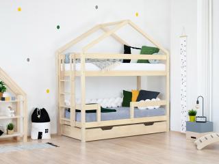 Dřevěná patrová postel KILI ve tvaru domečku Zvolte barvu: Nelakovaná, Zvolte výšku: 227 cm, Zvolte šuplík: Přistýlka 90x180 cm (s roštem)