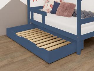 Námořnicky modrý dřevěný šuplík BUDDY na kolečkách se dvěma výřezy a roštem 120x170 cm (pod postel 120x190 cm)
