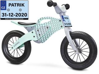 Dětske odrážedlo Enduro značky Toyz, dřevěné, barva mátová, s osobní SPZ Text na SPZ: Budoucí cyklistická star, Barva SPZ: modrá