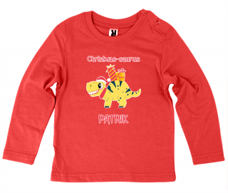 Dětské tričko Ellie Bee, motiv  Christmas-saurus  se jménem dítěte Barva: Červená, Velikost: 12 měsíců, Rukáv: dlouhý