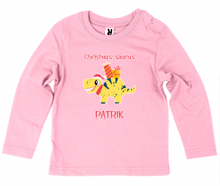 Dětské tričko Ellie Bee, motiv  Christmas-saurus  se jménem dítěte Barva: Růžová, Velikost: 12 měsíců, Rukáv: dlouhý