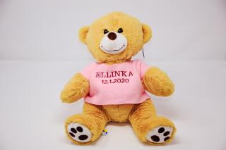 Hnědý plyšový medvídek v růžovém tričku, výšivka jména a data narození