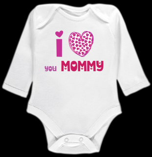 Kojenecké body Ellie Bee, krátký nebo dlouhý rukáv, barva bílá, motiv  I love you mommy  Velikost: 0 - 3 měsíce (56 - 62cm), Rukáv: dlouhý