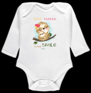 Kojenecké body Ellie Bee, krátký nebo dlouhý rukáv, barva bílá, motiv  Your cuddle make me smile  Velikost: 0 - 3 měsíce (56 - 62cm), Rukáv: dlouhý