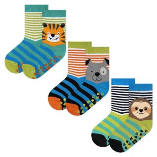 Ponožky protiskluzové SOXO, 3ks v balení,pruhované, motiv tygr,ježek, pes Velikost: EU 19 - 21
