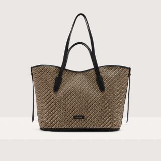 NEW NEVER WITHOUT BAG LARGE BICOLOR STRAW KABELKA COCCINELLE MULTI NOIR/NOIR SS25