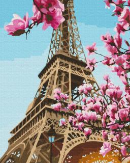 Diamantové malování - Eiffelovka s rozkvetlým stromem
