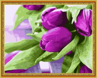 Diamantové malování - Fialové tulipány  Včetně předtištěného ozdobného rámu