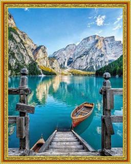 Diamantové malování - Jezero s loďkou v horách  Včetně předtištěného ozdobného rámu