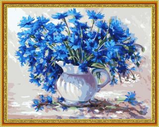 Diamantové malování - Modré květy chrpy  Včetně předtištěného ozdobného rámu